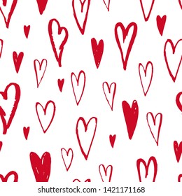 Vector seamless pattern with hand drawn simple red hearts. Pretty wedding , romantic , valentine design.