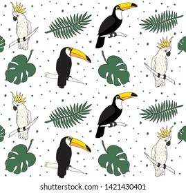 Vector seamless pattern of hand drawn doodle sketch toucan cockatoo parrot and palm leaves isolated on white background 