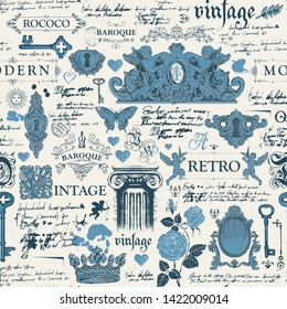 Vector seamless pattern, hand drawn background on the theme of vintage art objects, furniture and Antiques in retro style. Wallpaper, wrapping paper, textile, fabric or background for clothes