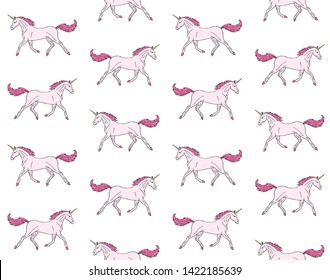 Vector seamless pattern of hand drawn doodle sketch pink unicorn isolated on white background 