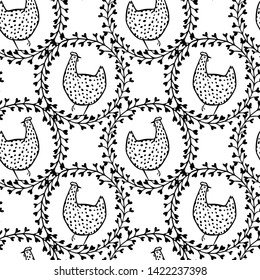 Vector seamless pattern with hand drawn chickens in floral wreath. Beautiful ink drawing, heavy contour, abstract design elements. Perfect elements for food or farming design.