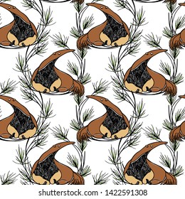 Vector seamless pattern with hand drawn cute anteaters in pine wreath. Beautiful ink drawing, sketch style. Perfect for prints and patterns