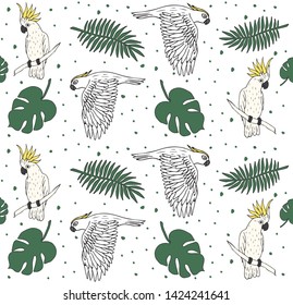 Vector seamless pattern of hand drawn doodle sketch cockatoo parrot and palm leaves isolated on white background 