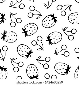 Vector seamless pattern with hand drawn outline strawberries and cherries.