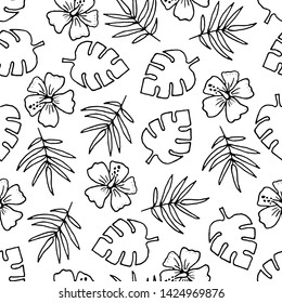 Vector seamless pattern with hand drawn outline palm leaves and hibiscus.