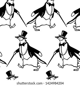 Vector seamless pattern with hand drawn penguin in black tie walking in a hurry. Ink drawing, graphic style, beautiful animal design element