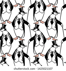 Vector seamless pattern with hand drawn penguin in black tie. Ink drawing, graphic style, beautiful animal design element