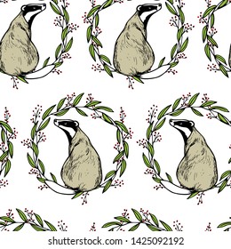 Vector seamless pattern with hand drawn badgers in floral wreath made with ink. Beautiful animal design elements, perfect for prints and patterns