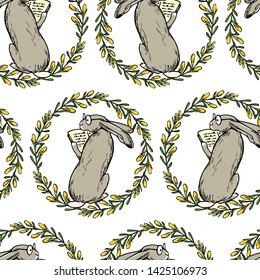 Vector seamless pattern with hand drawn cute hares with yellow floral wreath made with ink. Perfect design elements, beautiful animal illustration