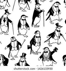 Vector seamless pattern with hand drawn penguin in black tie. Ink drawing, graphic style, beautiful animal design element