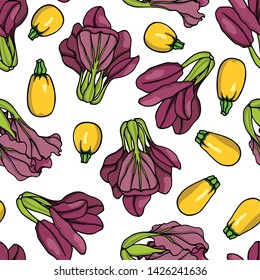 Vector seamless pattern with hand drawn vegetables. Ink drawing, beautiful vegetarian design elements.