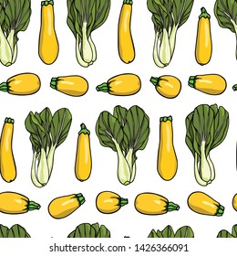 Vector seamless pattern with hand drawn vegetables. Ink drawing, beautiful vegetarian design elements.