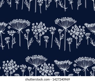 Vector seamless pattern and hand drawn queen Ann's lace twigs  Beautiful ink drawing  vintage style 