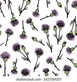 Vector seamless pattern with hand drawn burdock twigs. Beautiful ink drawing, vintage style.