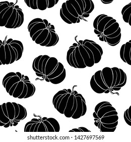 Vector seamless pattern with hand drawn pumpkins. Ink drawing, graphic style. Beautiful food design elements, linocut style