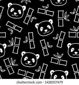 Vector seamless pattern with hand drawn bamboo shoots and pandas.