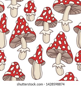 Vector seamless pattern with hand drawn toadstool mushrooms on white background