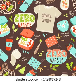 Vector seamless pattern with hand drawn elements of zero waste life.  No plastic. Go green, stop pollution