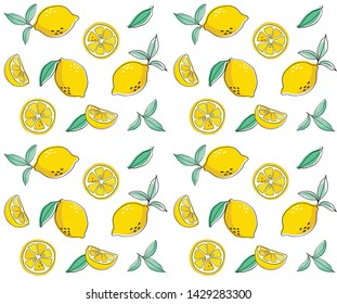 Vector seamless pattern with hand drawn lemon fruits, slices and green leaves on white background. Beautiful design elements, perfect for prints