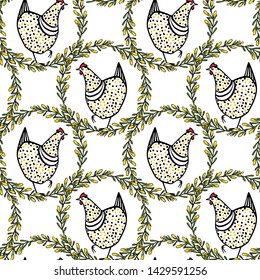 Vector seamless pattern with hand drawn chickens in floral wreath. Beautiful ink drawing, heavy contour, abstract design elements. Perfect elements for food or farming design.