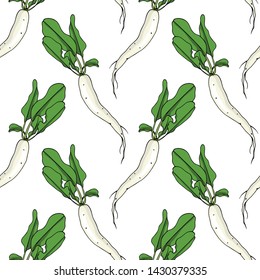 Vector seamless pattern with hand drawn raw White Icicle radish. Beautiful food design elements, ink drawing. Perfect for prints and patterns