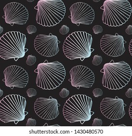 Vector seamless pattern of hand drawn doodle holographic shell isolated on black background 
