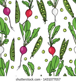 Vector seamless pattern with hand drawn ripe Easter egg radish and green pea. Beautiful food design elements, ink drawing. Perfect for prints and patterns