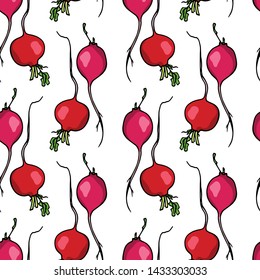 Vector seamless pattern with hand drawn ripe red radish. Beautiful food design elements, ink drawing. Perfect for prints and patterns