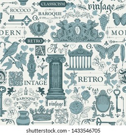 Vector seamless pattern, hand drawn background on the theme of vintage art objects, furniture and Antiques in retro style. Can be used as wallpaper, wrapping paper, textile, fabric