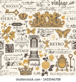 Vector seamless pattern, hand drawn background on the theme of vintage art objects, furniture and Antiques in retro style. Can be used as wallpaper, wrapping paper, textile, fabric