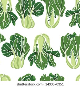 Vector seamless pattern with hand drawn Bok Choy. Ink drawing, beautiful vegetarian design elements.