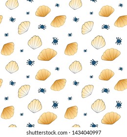 Vector seamless pattern with hand drawn scallop seashells and bugs. Beautiful marine design elements, perfect for prints and patterns.