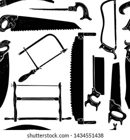 Vector seamless pattern with hand drawn handsaws used by carpenters. Beautiful design elements, ink drawing. Perfect for any industry related to the woodworking.
