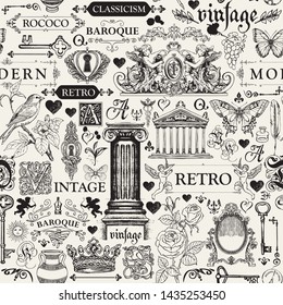 Vector seamless pattern, hand drawn background on the theme of vintage art objects, furniture and Antiques in retro style. Can be used as wallpaper, wrapping paper, textile, fabric