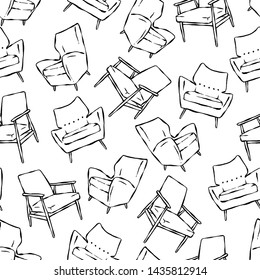 Vector seamless pattern with hand drawn mid century chairs. Beautiful black and white design elements, perfect for prints and wallpaper.