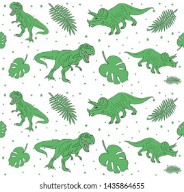 Vector seamless pattern of hand drawn doodle sketch dinosaur and palm leaves isolated on white background 