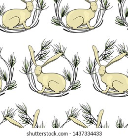Vector seamless pattern with hand drawn hares in pine wreath. Beautiful  animal design elements, perfect for prints and patterns