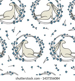 Vector seamless pattern with hand drawn hares in forget-me-not wreath. Beautiful  animal design elements, perfect for prints and patterns