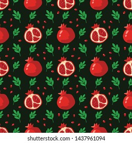 Vector seamless pattern with hand drawn pomegranate slices. Pomegranate Tropical Dark Background. Vector illustration of Flowers, Leaves, Fruits. 