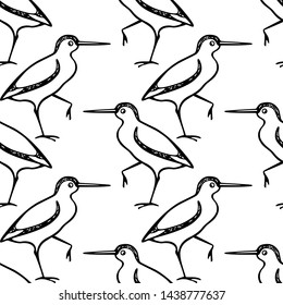 Vector seamless pattern with hand drawn cute sandpipers. Beautiful animal design elements, ink drawing.