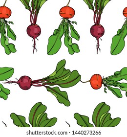 Vector seamless pattern with hand drawn ripe beets. Beautiful food design elements, ink drawing. Perfect for prints and patterns