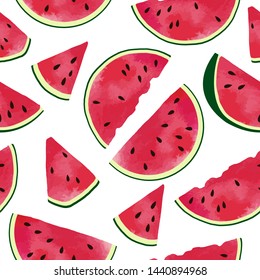 Vector seamless pattern with hand drawn slices of watermelon . On white.