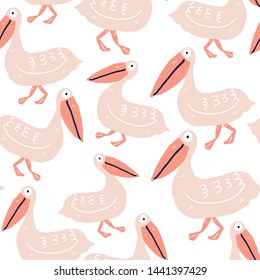 Vector seamless pattern with hand drawn cute pelicans. Hand drawn beautiful animal design elements. - Vector