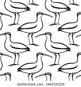 Vector seamless pattern with hand drawn cute sandpipers. Beautiful animal design elements, ink drawing.