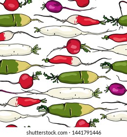 Vector seamless pattern with hand drawn different types of ripe radish. Beautiful food design elements, ink drawing. Perfect for prints and patterns