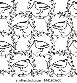 Vector seamless pattern with hand drawn cute shorebirds in floral laurel. Beautiful animal design elements, ink drawing