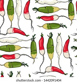 Vector seamless pattern with hand drawn different types of ripe radish. Beautiful food design elements, ink drawing. Perfect for prints and patterns