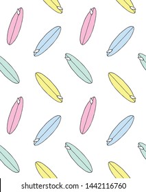 Vector seamless pattern of hand drawn pastel doodle sketch surf board isolated on white background 