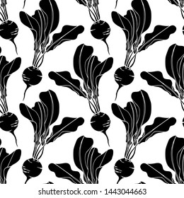 Vector seamless pattern with hand drawn ripe beetroots. Beautiful food design elements, ink drawing, linocut style. Perfect for prints and patterns