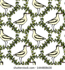 Vector Seamless Pattern With Hand Drawn Cute Shorebirds In English Ivy Wreath. Beautiful Animal Design Elements, Ink Drawing